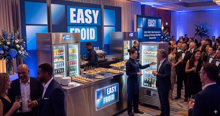 Photo d'une soirée professionnelle avec des femmes et des hommes assistant à un cocktail, dont la location froid événementiel est assurée par Easy Froid